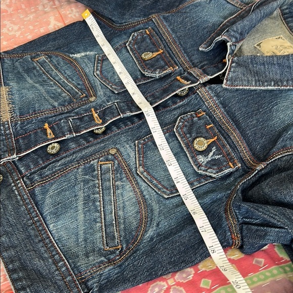 Y2K Special Edition Old Navy Women's Blue Denim Jacket cropped leather cuff med - Picture 13 of 14
